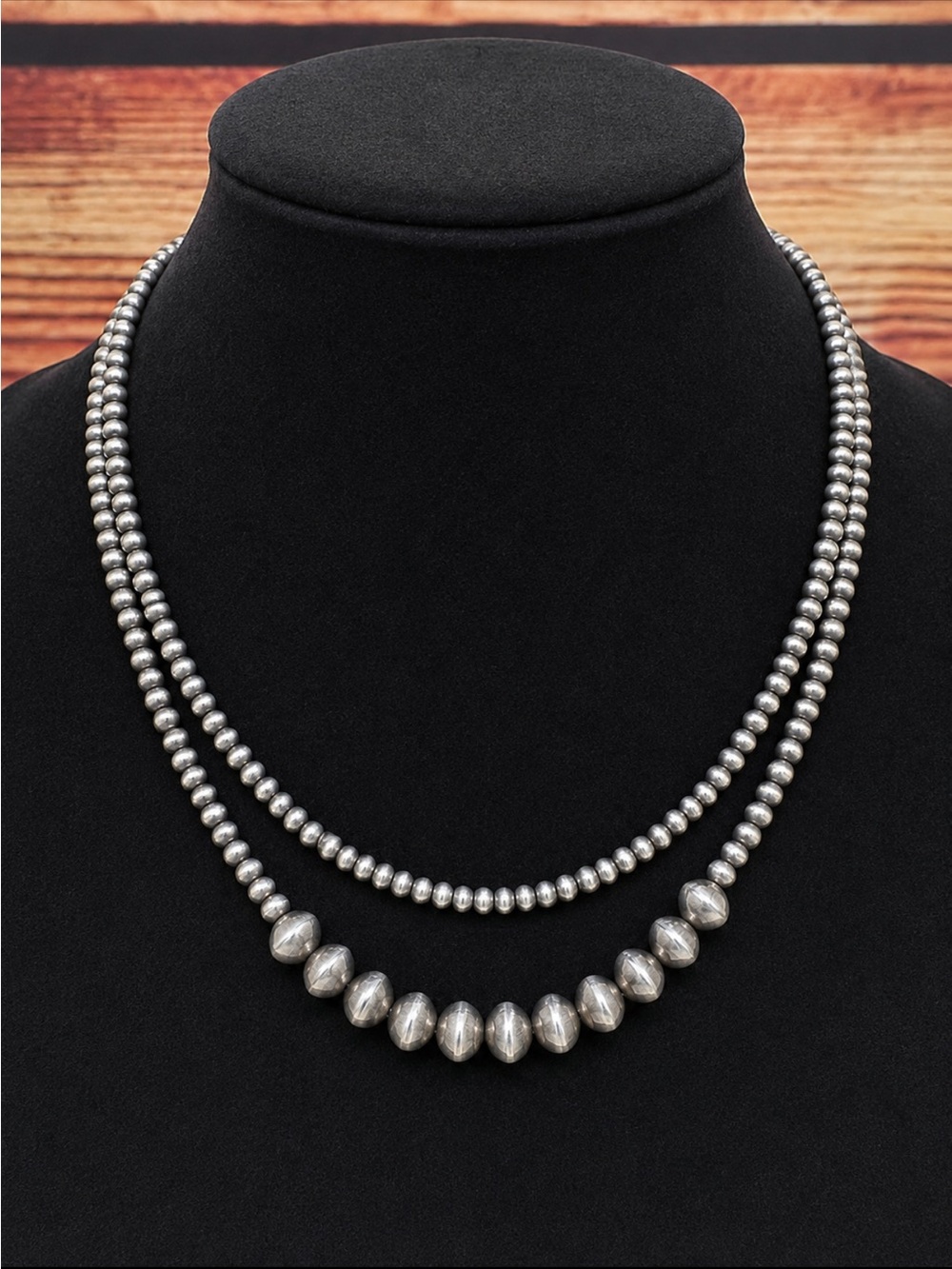 ISAC Handmade Navajo-Style 2-Strand Western Silver Bead Necklace 16"-21" NWT